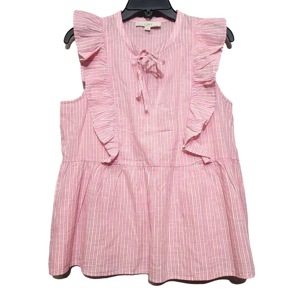 LOFT Pink Striped Ruffle Tie-Neck Peplum Top Size S